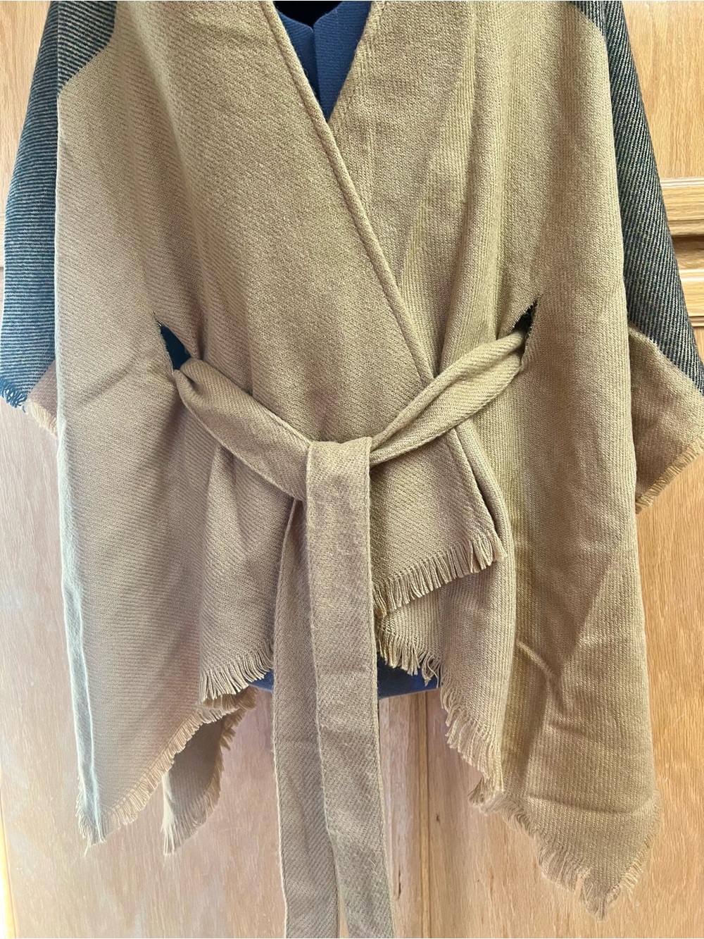 LC Lauren Conrad Two-Tone Wrap Poncho in Camel and Olive - Picture 2 of 7